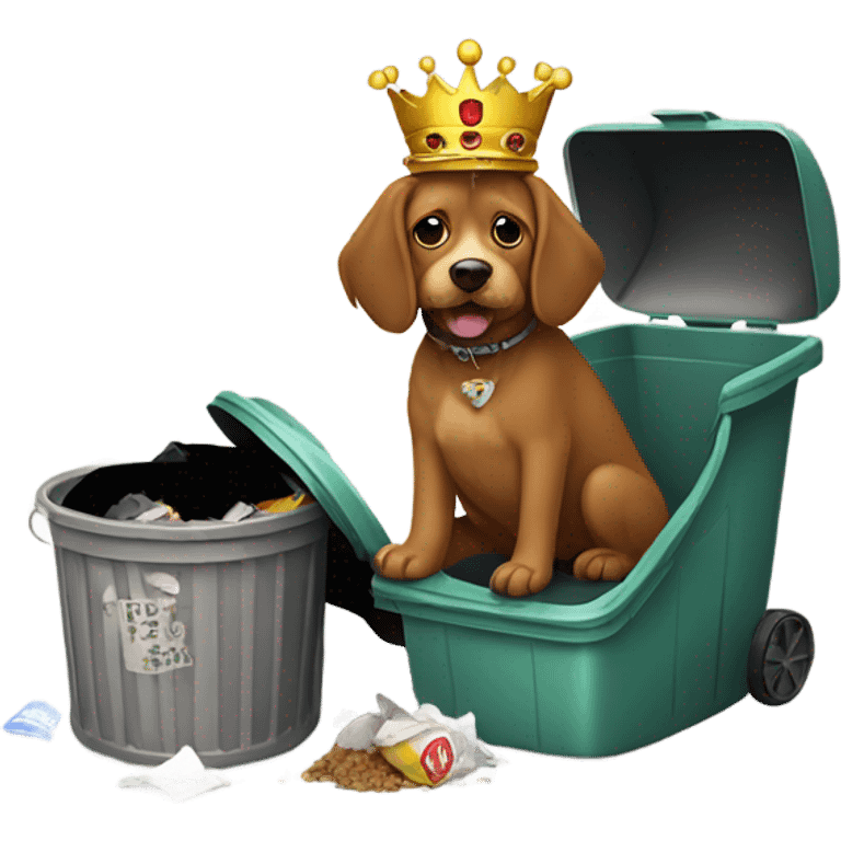 Small brown doodle dog eating garbage with a crown on emoji