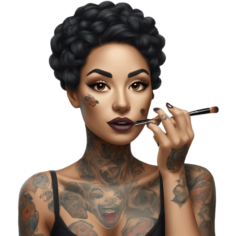 Hyper Realistic Beautiful tattooed woman doing her makeup emoji