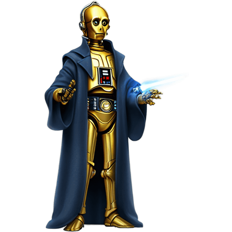 tarnished undercover tough well-equipped Jedi  life-sized darkblue-pearl C3po as a friendly droid wearing a leather clothing old west duster coat holding light saber  emoji