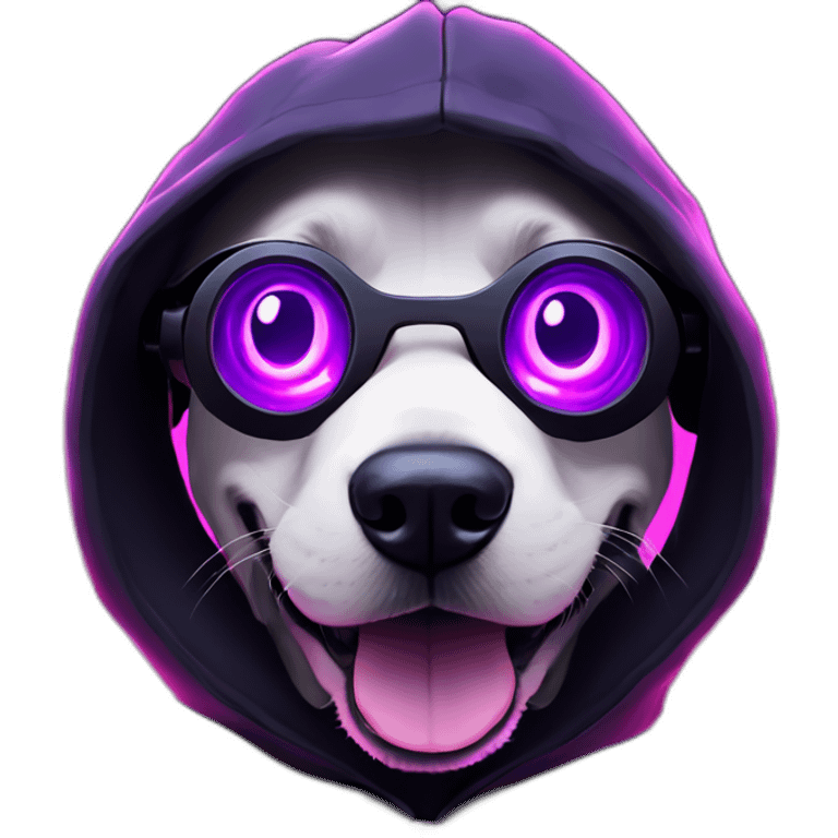 funny dog wearing a black hoodie with "OMG" letters on it and VR headset in a cyberpunk VR environment with violet neon lighting. emoji