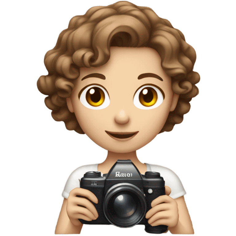 Girl with fair skin and shoulder length, brown, curly hair holding a camera while blushing emoji