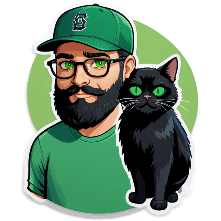 A bold man with a grey baseball cap, green eyes, big beard and glasses holding a black cat emoji