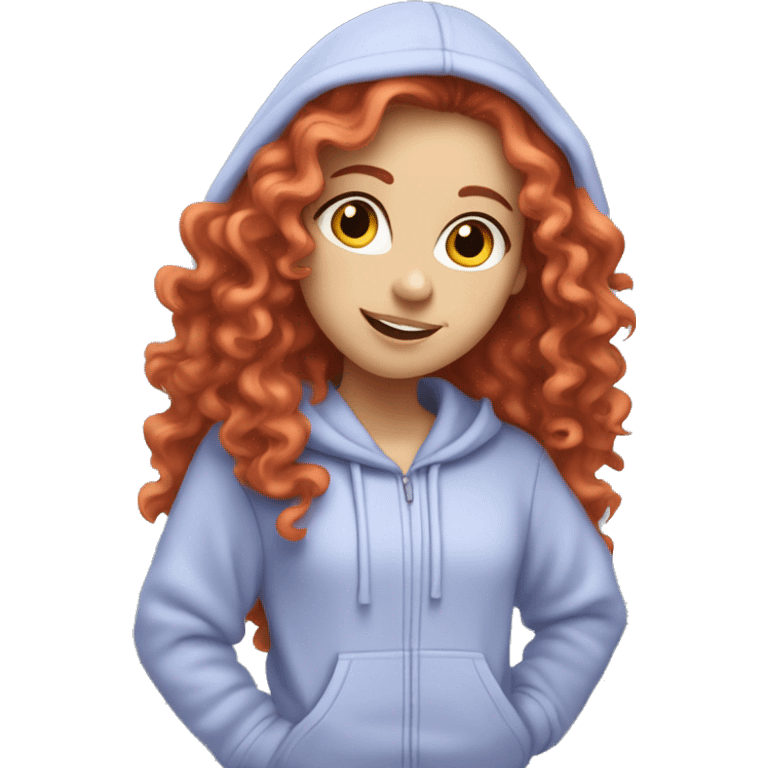 a white girl with long red curly hair, wearing a pastel periwinkle hoodie doing a pose emoji