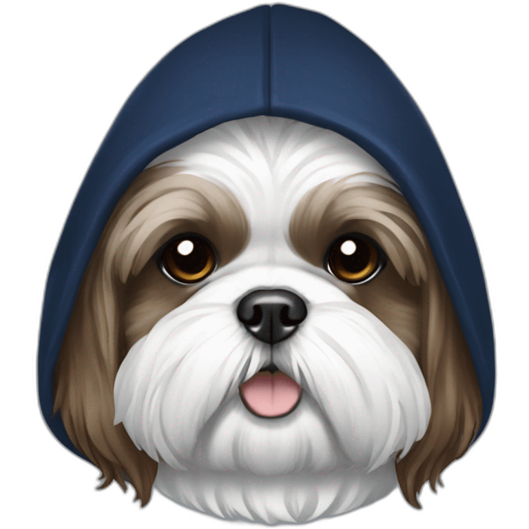 White and brown Shih tzu in navy blue coat with hood emoji