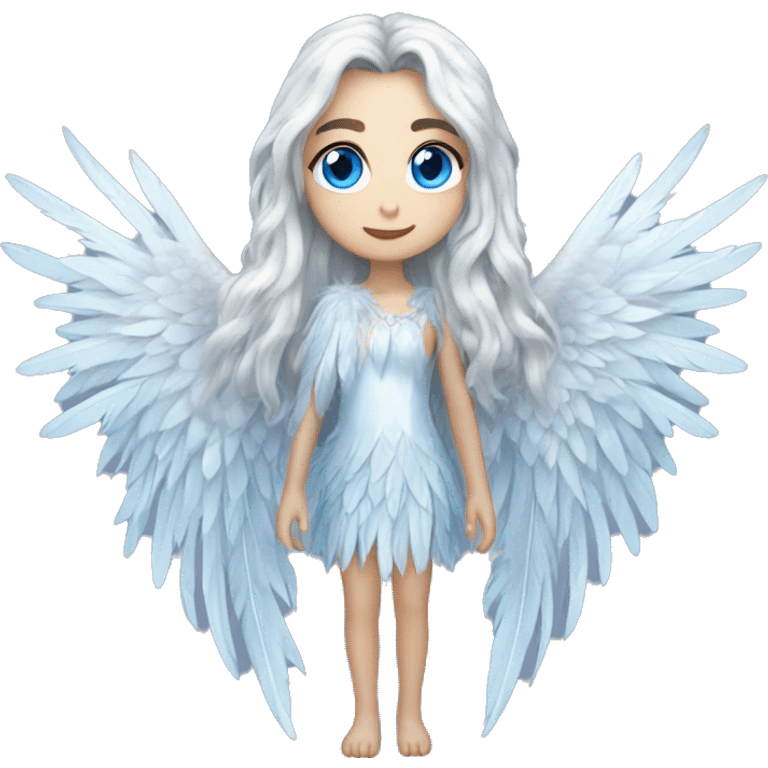 big wings, silver, feather, icy ,snowflake, Beautiful, fairy, long hair, blue eyes emoji