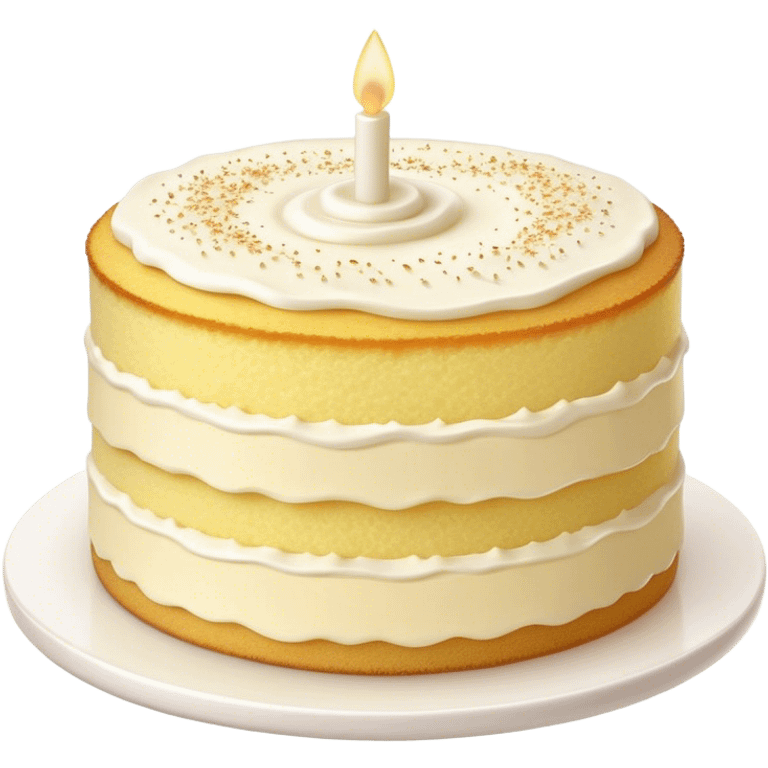 Cinematic Realistic Simple Vanilla Cake, a perfectly baked golden sponge with soft, airy layers, delicate vanilla frosting smoothly spread across the top, tiny flecks of vanilla bean visible, warm golden lighting creating depth, glowing with a sweet, irresistible charm. emoji