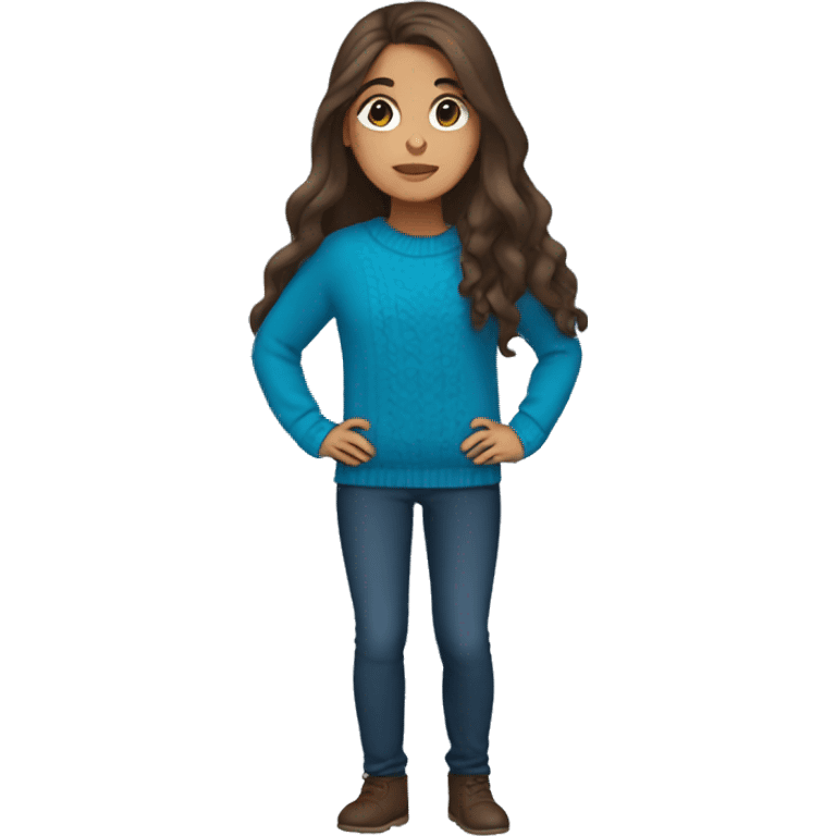 winter, christmas, hispanic, long brown hair, girl, brown eyes, child, full body, blue sweater emoji