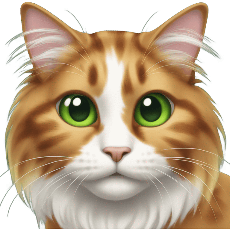 Calico cat with long hair and green eyes making funny face emoji