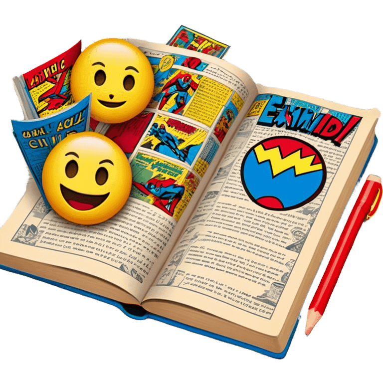 Create a vibrant emoji representing comic books and graphic novels as an art form. The design should feature a large, open comic book with vintage comic panels on the pages. Include a pencil (without a hand) gently writing text or sketching on the pages. The comic panels should have bold lines and retro-style artwork with classic comic book visuals. Use bright, energetic colors like red, yellow, and blue to evoke excitement and creativity. The overall design should feel dynamic, vintage, and artistic. Make the background transparent. emoji emoji