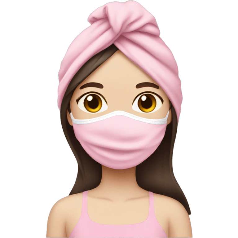 Pale girl with pink face mask in a pink towel with dark brown hair  emoji