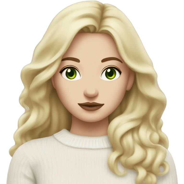 solo white blonde girl with green eyes, medium bust, white sweater, long blow out hair, baddie, middle part, cute,  emoji