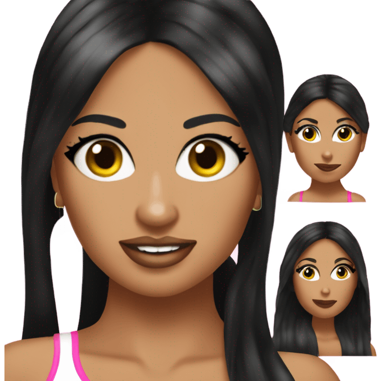 Tanned woman with long black hair, dressed in y2k Paris Hilton hair, makeup, and neon attire emoji