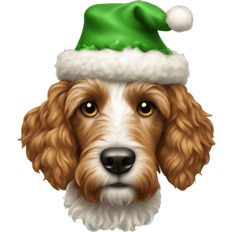 Irish doodle dog wearing a Christmas hat emoji