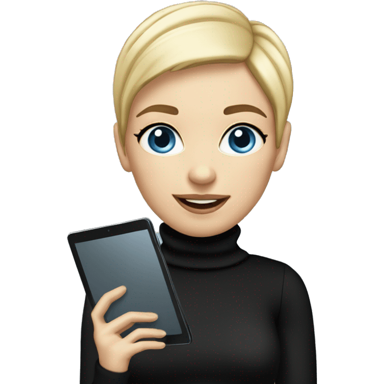 women with blond pixie cut, blue eyes wearing black turtleneck, holding and ipad emoji