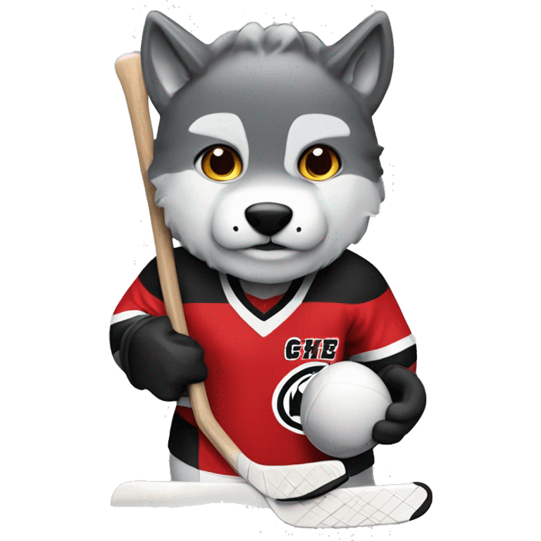 A wolf hockey player in a white red and black uniform holds a puck emoji