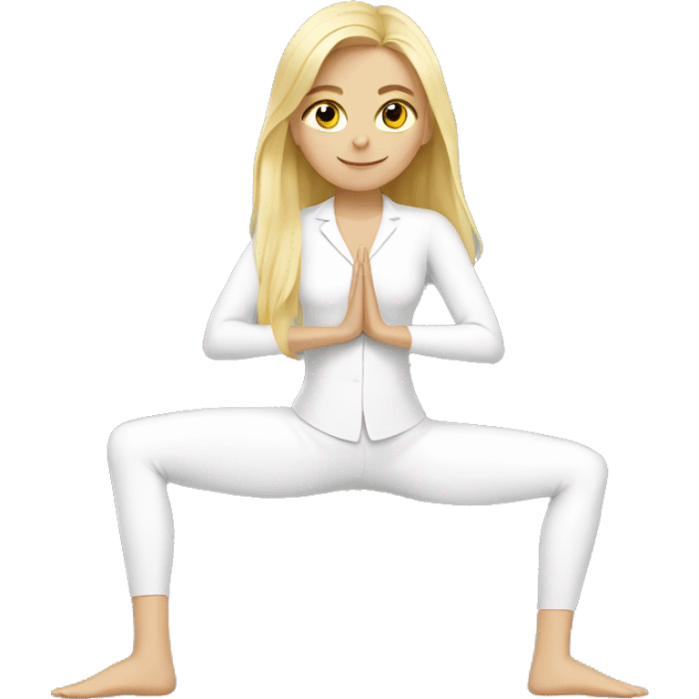 Blonde girl doing yoga in white suit  emoji