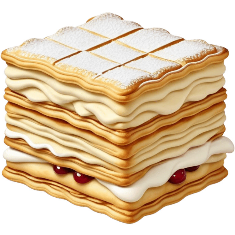 Cinematic Realistic Mille-Feuille Dessert Emoji, depicted as layered puff pastry with rich cream and a dusting of powdered sugar rendered with intricate textures and elegant, soft lighting. emoji