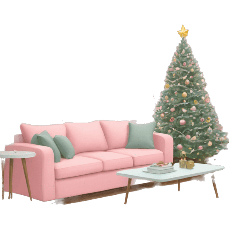 pastel pink living room with christmas tree and a sofa and a tv emoji