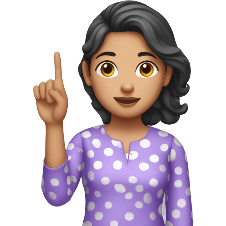 A girl with lavender kurti white spots showing three fingers in one hand emoji