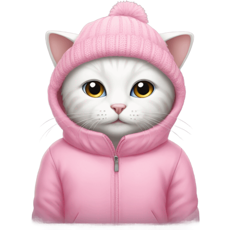 white cat using pink winter clothes emoji