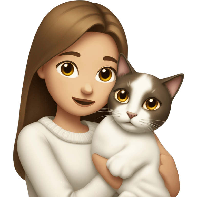 a girl with long brown hair, in a white sweater, hugs a Siamese cat. emoji