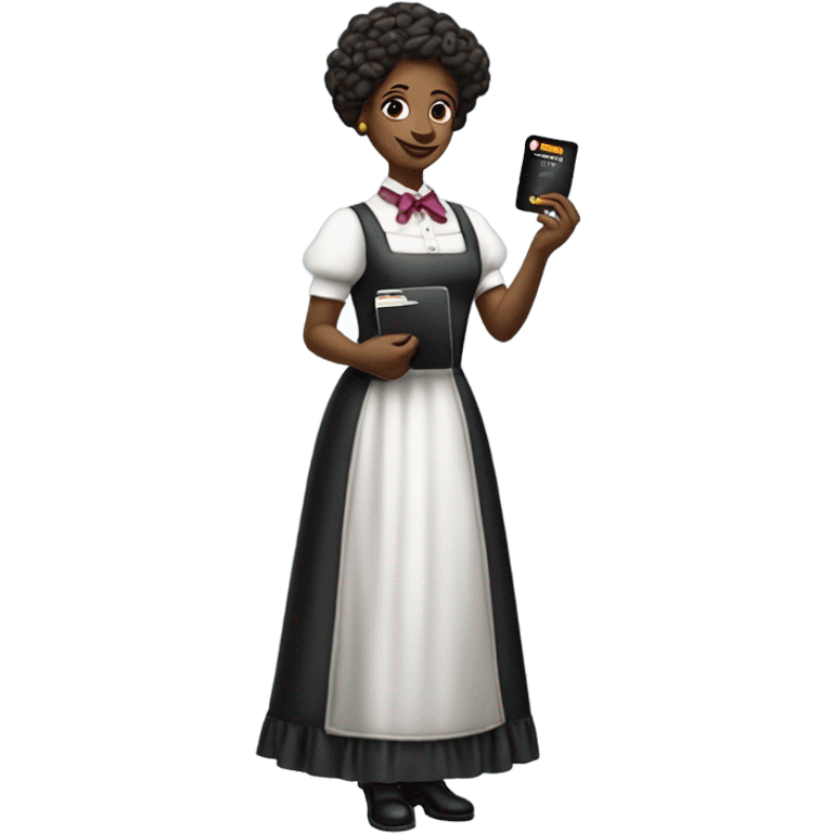 galora waitress galora in Victorian dress elegant, full body, holding big credit card emoji