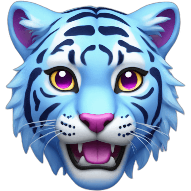 a blue tiger with no stripes with a magenta lightning bolt by its eyes on the left or right side of them. emoji