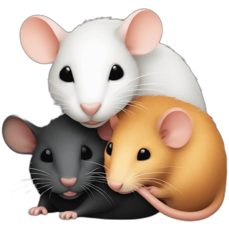 two ginger rats, two black rats and one white rat are sleeping together emoji