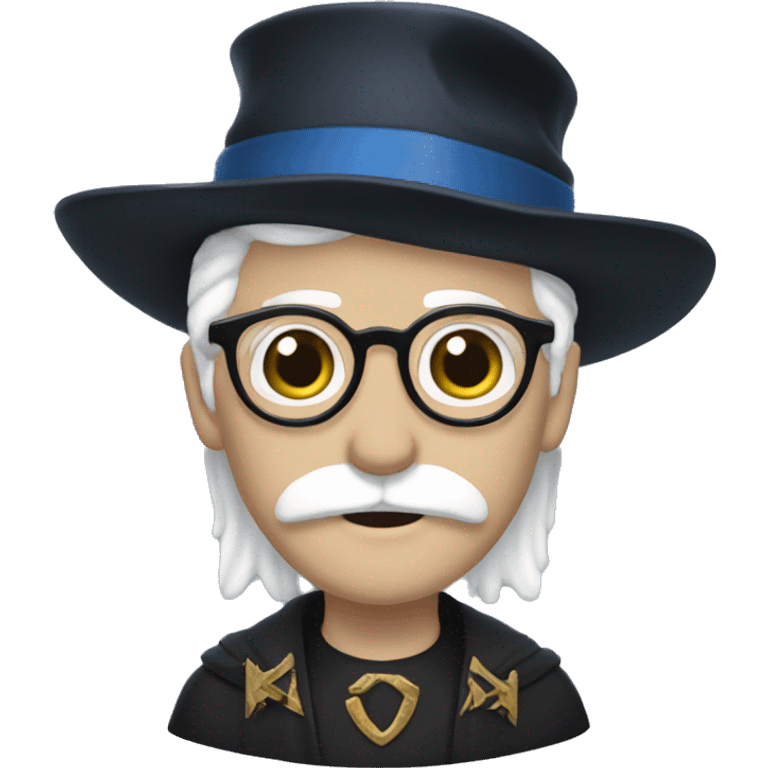 man with white skin,hair is straight and black, a black mustache, glasses, with a magic hat, ravenclaw emoji