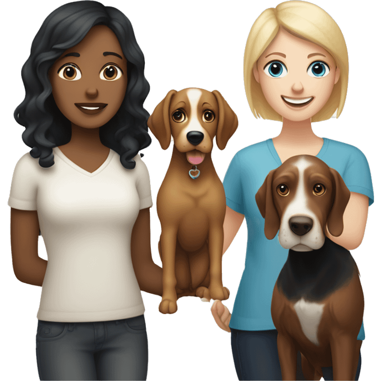 two woman, one with blonde hair & blue eyes, the other with black short hair and brown eyes, hugging a springer spaniel and a yorker terrier  emoji