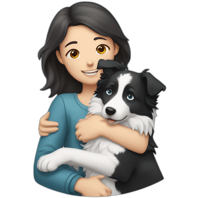 A girl hugging a adult Blue and white border collie emoji