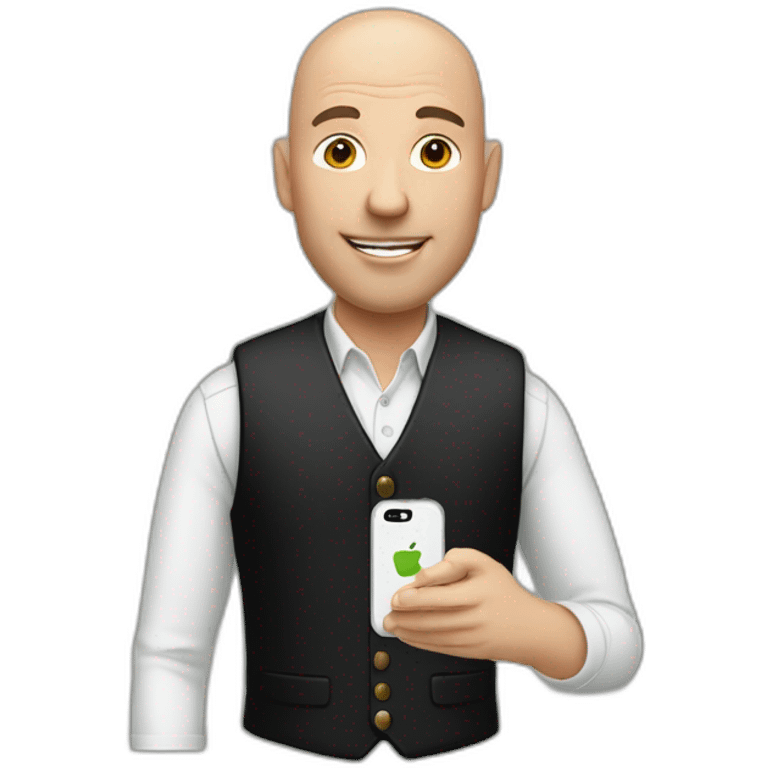 a bald man in a black jacket and vest, holding a white iPhone 14pro in his hand emoji