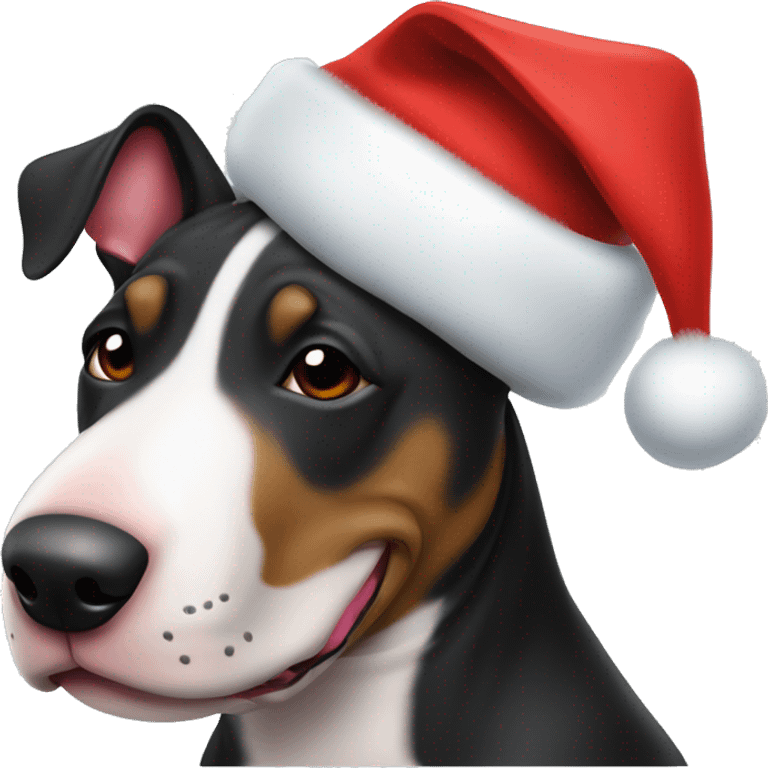 Black and brindle bull terrier wearing a Christmas hat emoji