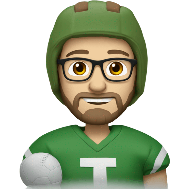 Caucasian man with brown hair beard and glasses wearing a green football jersey and cheese hat emoji