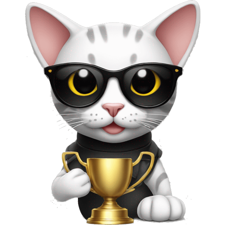 cat wearing sunglasses holding up a number 10 trophy emoji