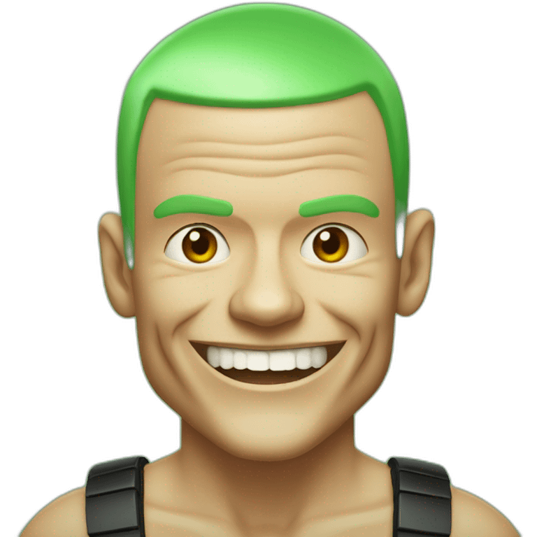 Michael “Flea” Balzary faceshot, with neon green short hair, smiling, showing gap in front teeth,he is the bass player for Red Hot Chili Peppers emoji