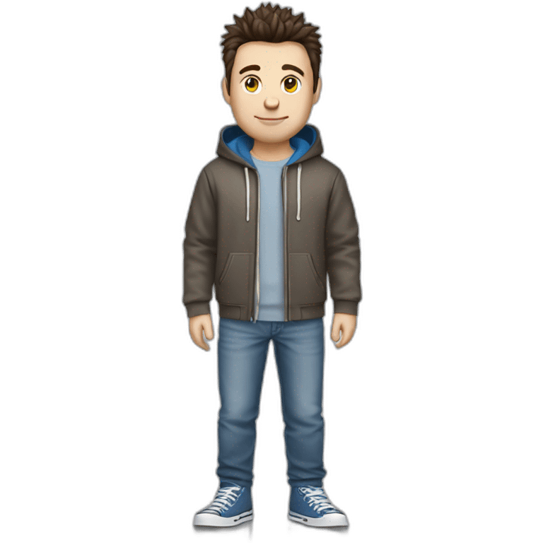 white male adult, Dark Brown Spikey Hair,, Blue Eyes, Grey Hoodie, Blue Jeans, Converse shoes emoji