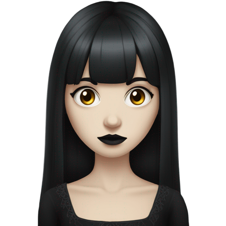 portrait one single goth women with pure white skin, dark hair, long hair, short bangs, dark makeup, gothic detailed dress bell arms  emoji