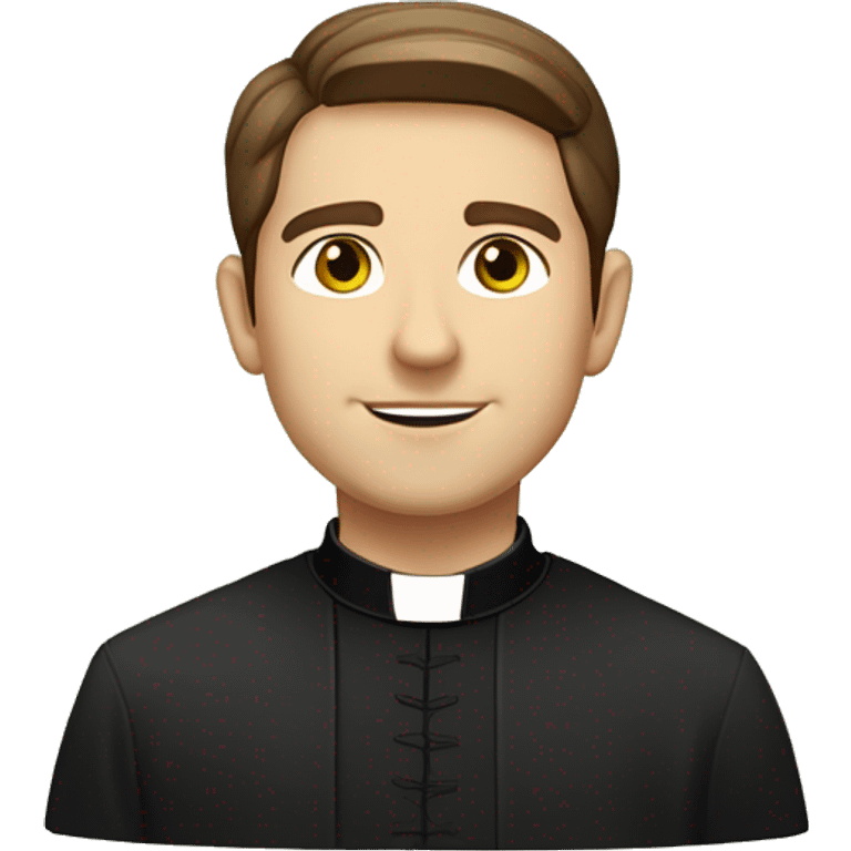 Front view Head and shoulders of a handsome catholic priest with brown hair and light green eyes wearing a clerical collar and a black shirt emoji