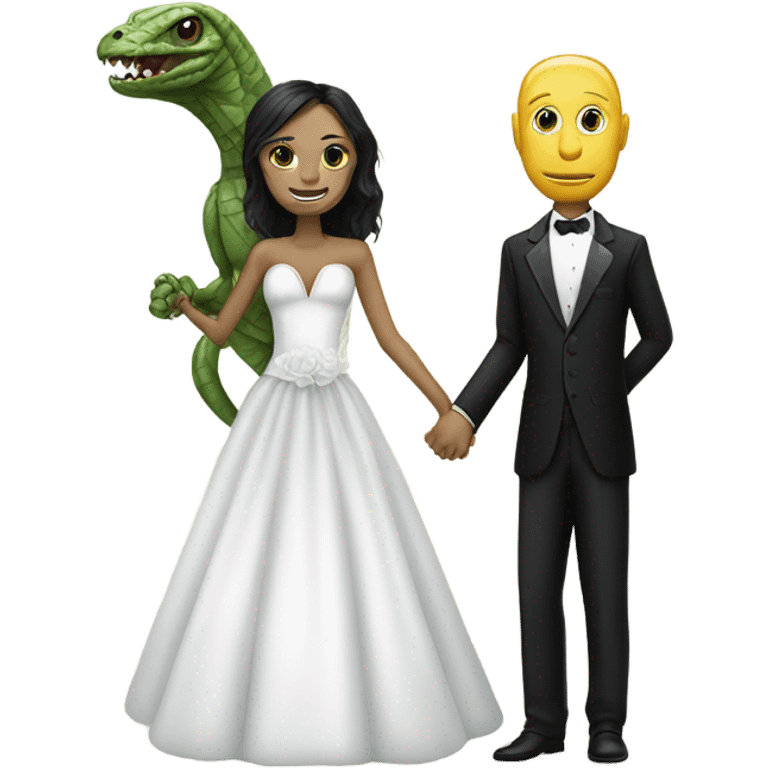 humman man in a tuxedo holding, Alien reprilian woman in wedding dress, and one , hands getting married emoji