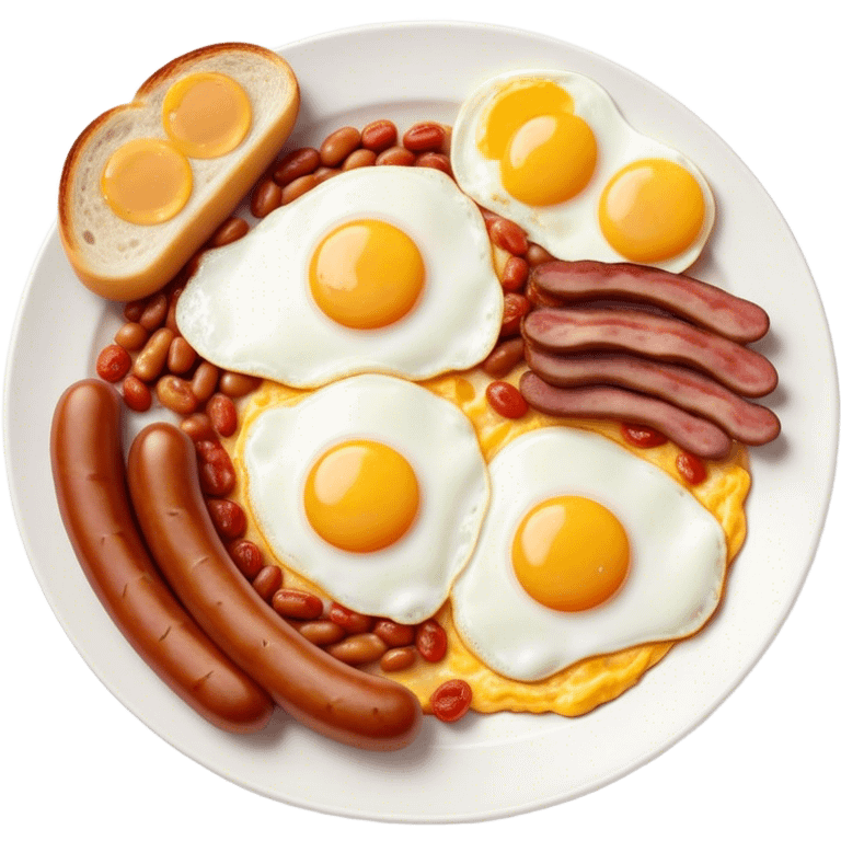 Cinematic Realistic English Breakfast Dish Emoji, showcasing a hearty ensemble of eggs, bacon, sausages, baked beans, and grilled tomatoes rendered with lifelike texture and vibrant, appetizing detail that exudes comforting tradition. emoji