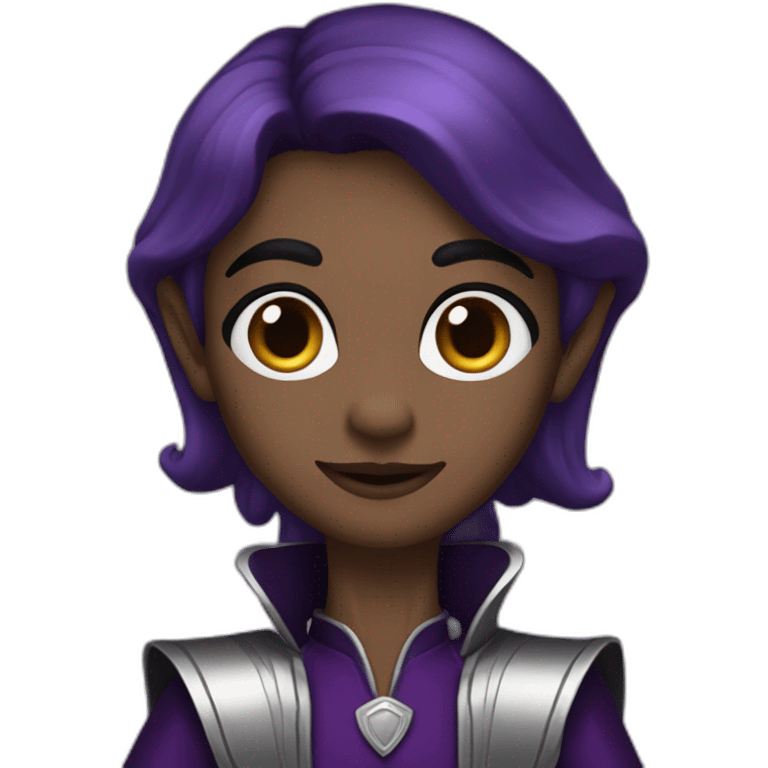 tall elf, long dark brown hair and eyebrows, wearing dark black & purple and silver outfit  emoji