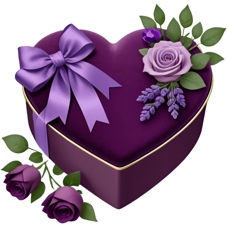 A vintage-inspired heart-shaped velvet box, wrapped with a rich plum silk ribbon, rests beside a delicate arrangement of soft purple roses, lavender sprigs, and dark amethyst pansies. Under the moonlight, tiny silver stars glimmer on the box’s lid, reflecting the romantic glow of an ornate candlestick standing nearby. emoji