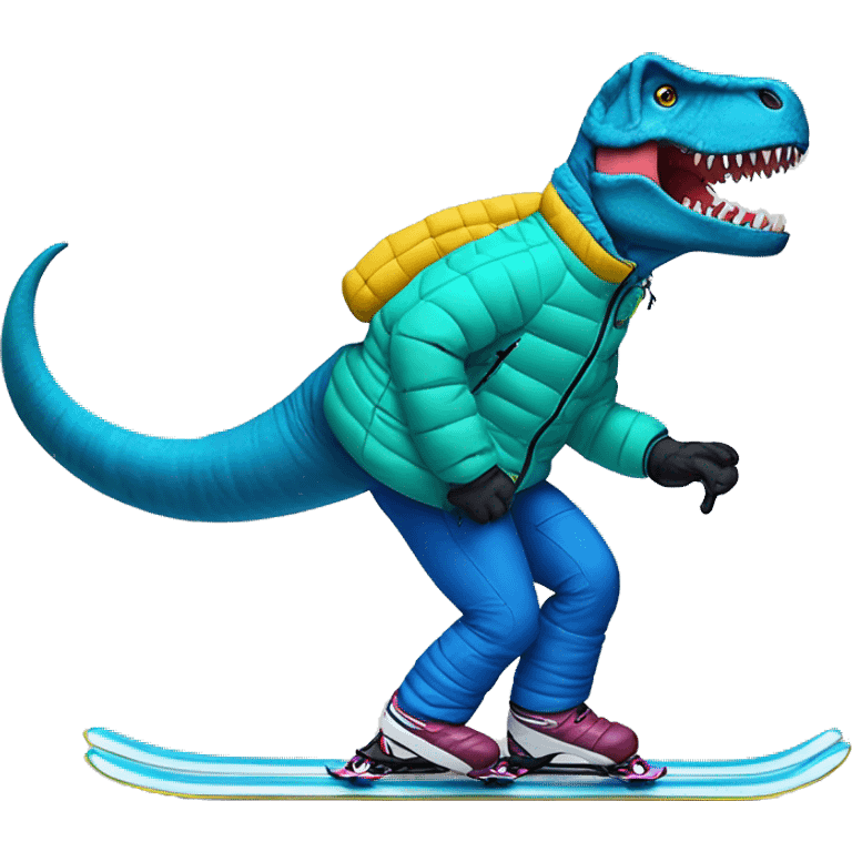 Tyrannosaurus rex downhill skiing wearing a puffer jacket, vibrant colors emoji