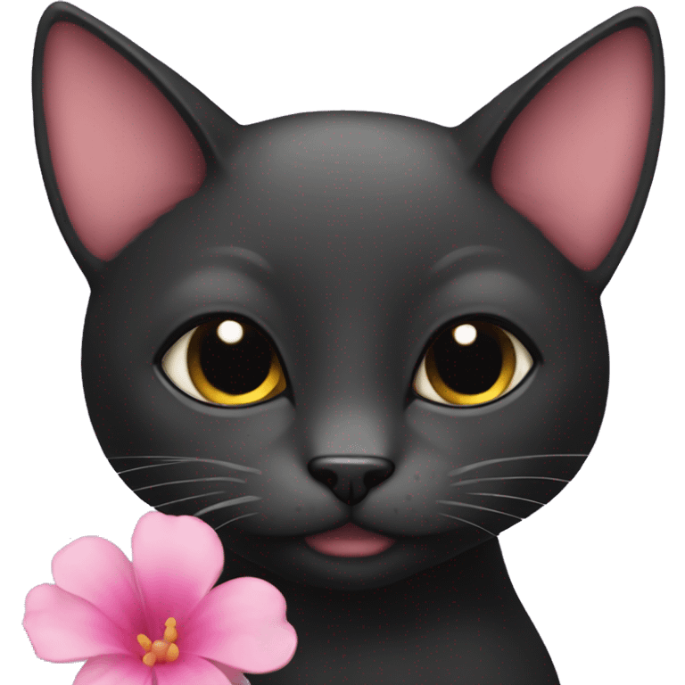 black toxedo cat with a pink flower behind one ear emoji