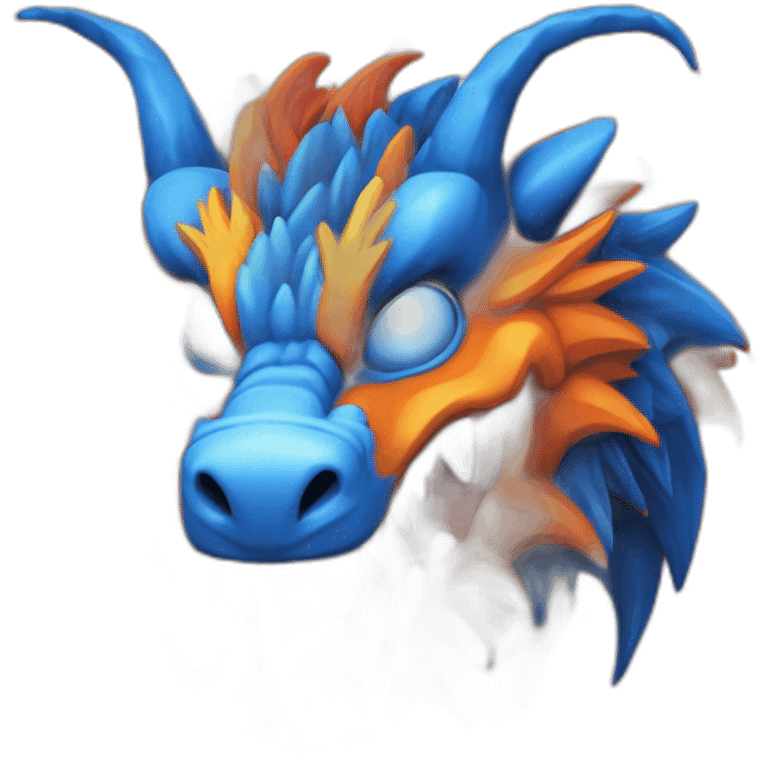 Un dragon mi loup de couleur rouge, bleu, blanc et orange moutardes. Il a des corne de bélier orange moutard. Il qui crache du feux emoji