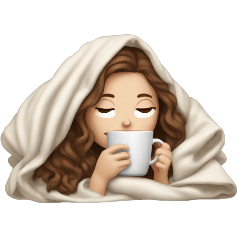 brown-haired white girl inside a blanket sipping coffee eyes closed emoji