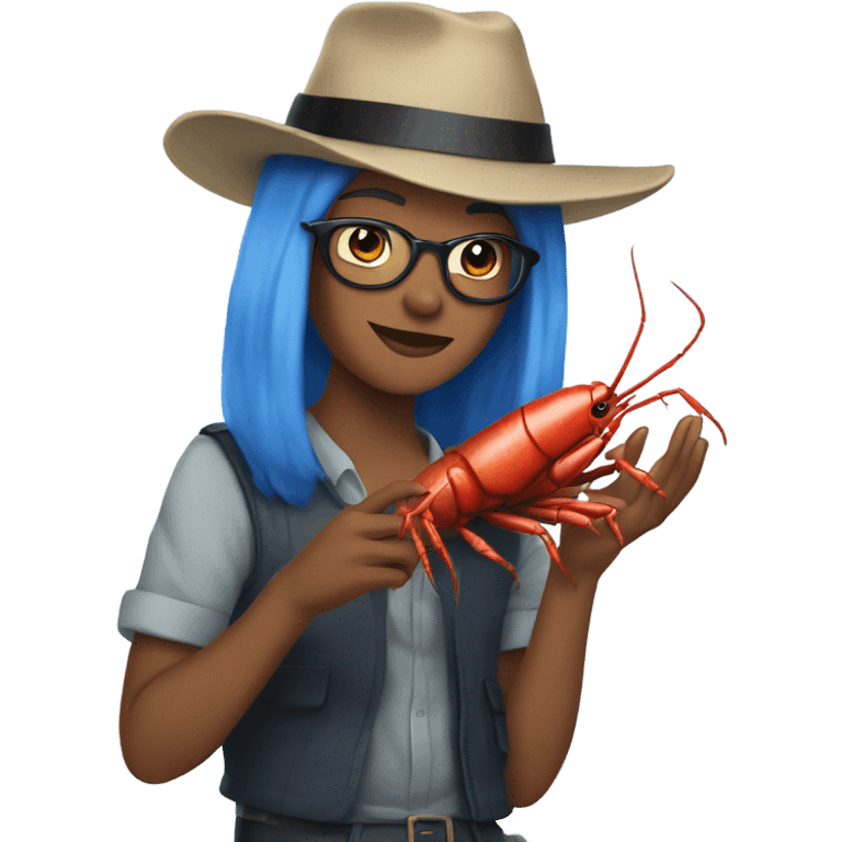 Subaru driving blue haired non binary wearing a fedora holding a crawfish emoji