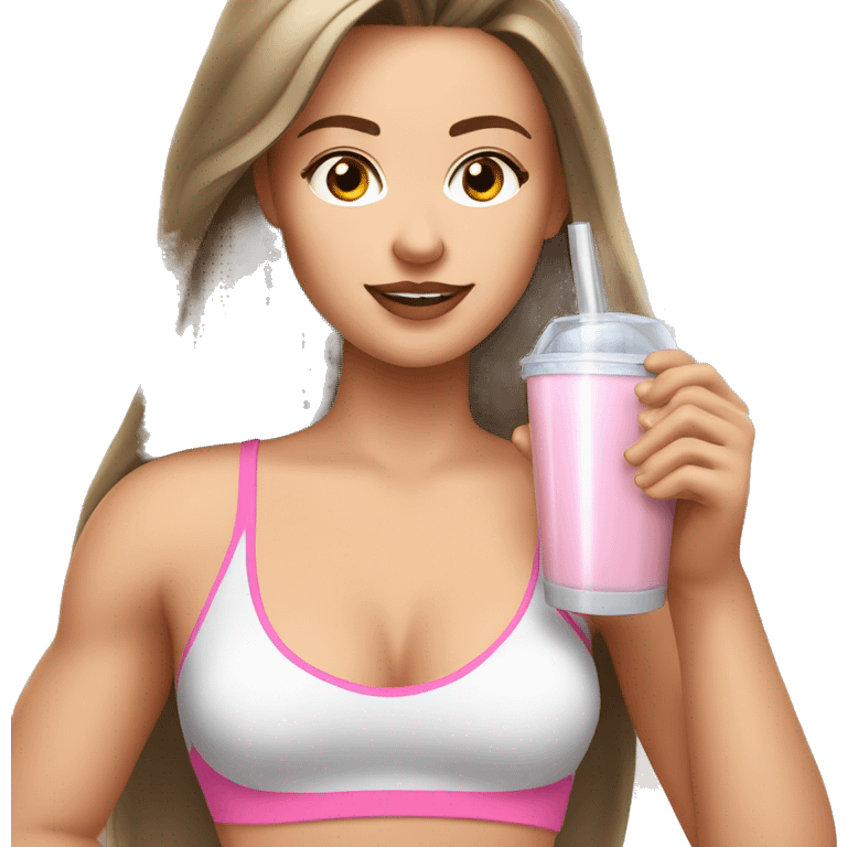 Brown straight haired white girl in pink croptop drinking protein shake emoji