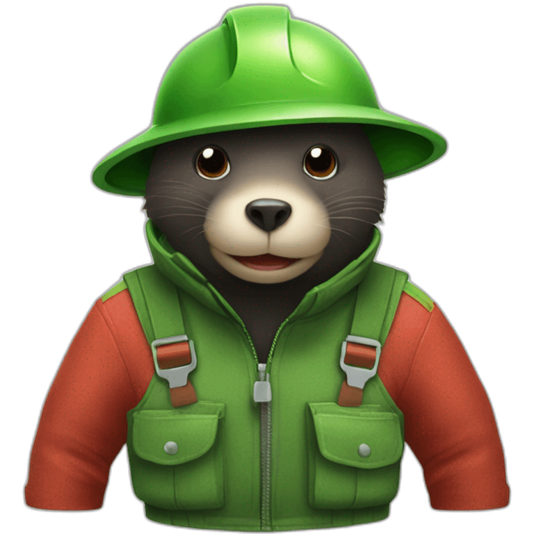 mole with red nose, green dungarees, green helmet with a light emoji